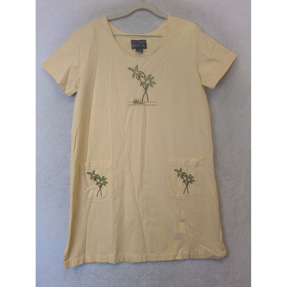 Blue J. Shift Dress Women's Small Yellow Embroidered Palm Tree Tropical Pockets